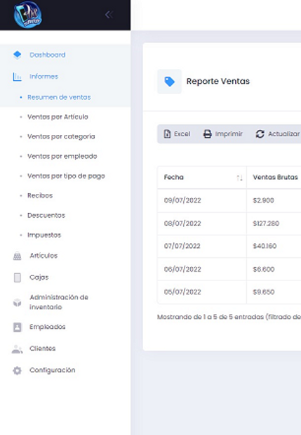 Menu de informes del backoffice de Pos Shop con reporte de ventas