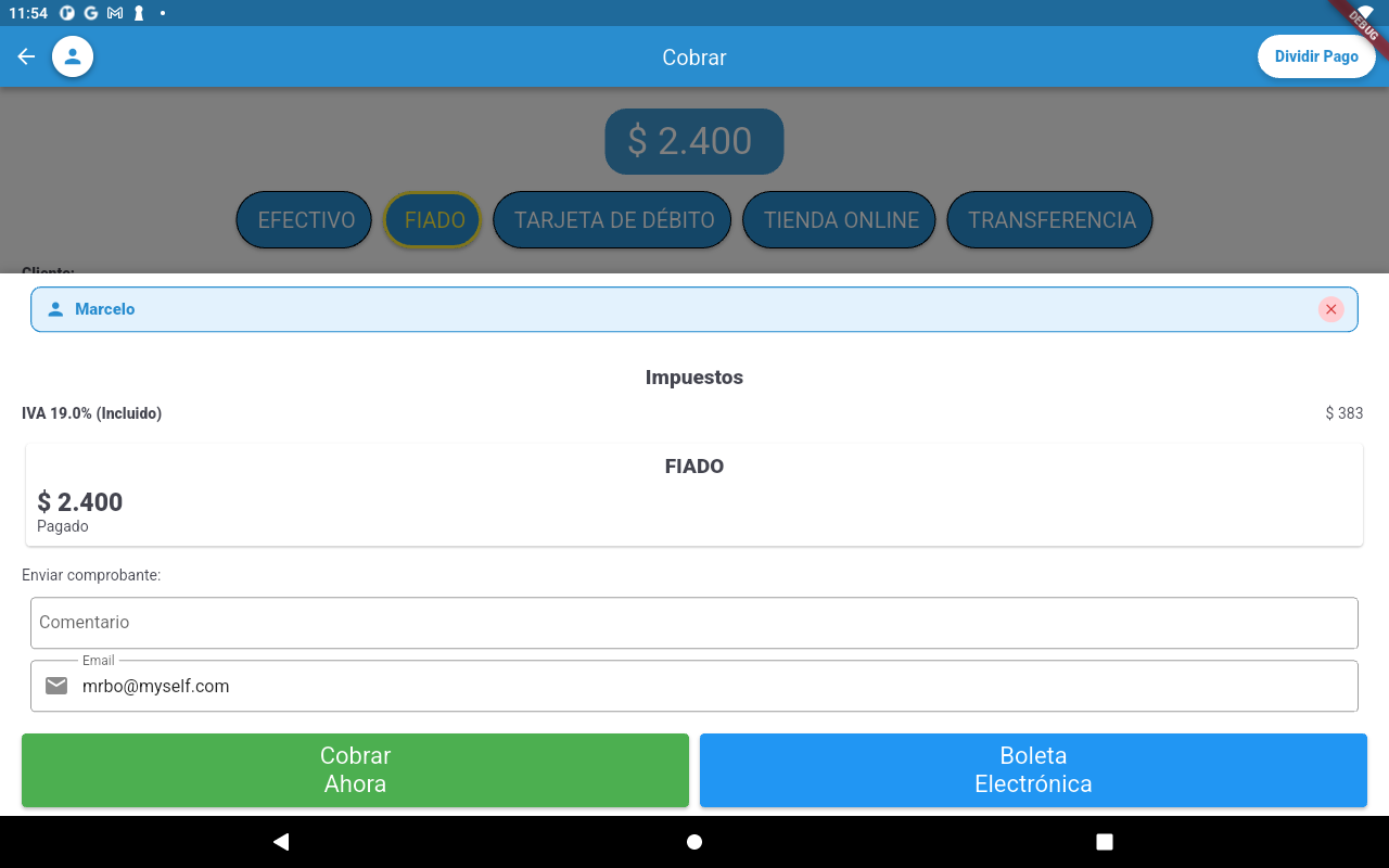 Pantalla de cobro fiado con cliente seleccionado