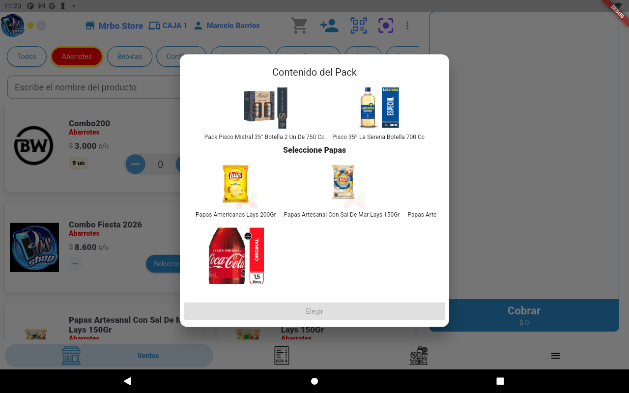 Pantalla de Pos Shop mostrando el contenido de un pack durante la venta