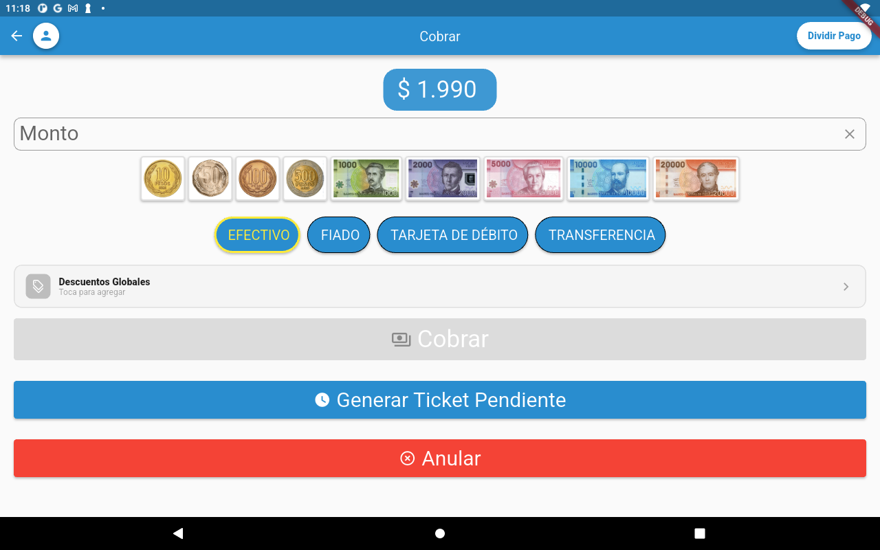 Pantalla de Pos Shop para elegir medios de pago